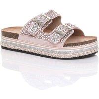 AJVANI Women's Low Heel Mule Platform Chunky Sole Diamante Buckle Footbed Sandals in Pink | Size: 4