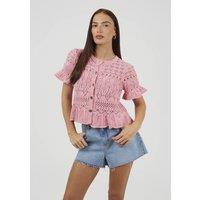 Brave Soul Women's Short Sleeve Pointelle Knit Cardigan With Frill Hem in Pink | Size: Medium