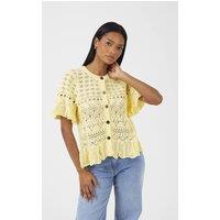 Brave Soul Women's Short Sleeve Pointelle Knit Cardigan With Frill Hem in Yellow | Size: Medium