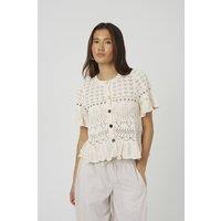 Brave Soul Women's Short Sleeve Pointelle Knit Cardigan With Frill Hem in Cream | Size: Small