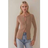 Hiccup Women's Crew Neck Button-Front Ribbed Knit Long Sleeve Cardigan Top in Chocolate | Size: Small
