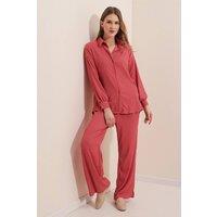 Big Dart Women's Textured Long Sleeve Knit Shirt & Pants Knitted Co-ord Set in Dusty Pink | Size: Small