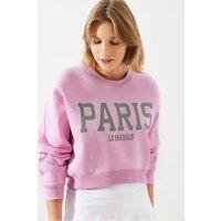 Bianco Lucci Women's Cropped Crew Neck Cotton Sweatshirt with Front Text Print in Bright Pink | Size: Medium/Large