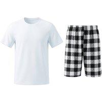 MODISHION Men's Crew Neck Pyjama Set with Checked Shorts in White | Size: Small