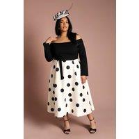 Coast Women's Plus Long Sleeve Bardot Printed Full Skirted Ponte Midi Dress in Mono | Size: 20