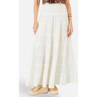Yumi Women's White Double Cotton Tiered Boho Maxi Skirt in Off-White | Size: Small
