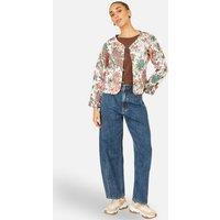 Yumi Women's White Peacock Print Reversible Cotton Quilted Jacket in Off-White | Size: 12
