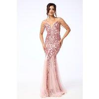 LuvForever Fashion Women's Enora - Pink Jewelled Shoulder Sequin Maxi Dress | Size: 14