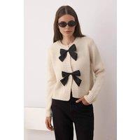 WOVCOR Women's Crew Neck Knit Cardigan with Ribbon Detail in Off-White | Size: Small