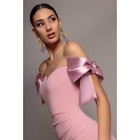Goddiva Women's Satin Bow Bardot Sheath Maxi Dress in Light Pink | Size: 14