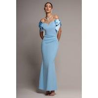 Goddiva Women's Satin Bow Bardot Sheath Maxi Dress in Light Blue | Size: 14