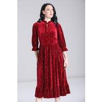Hell Bunny Women's Galactica Velvet Star Print Dress with Frill Collar Keyhole Neckline in Red | Size: 4XL