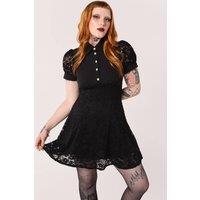 Hell Bunny Women's Dominica Black Lace Puff Sleeve Mini Dress with Pearl Button Detail | Size: Large