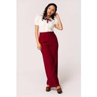 Hell Bunny Women's Ginger Wide Leg Trousers Side Button Fastening Back Pocket Detail in Dark Red | Size: XL
