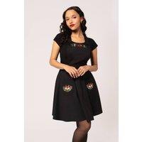 Hell Bunny Women's Basil Fox Embroidered Pinafore Mini Dress with Adjustable Straps in Black