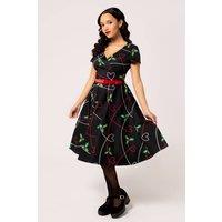 Hell Bunny Women's Festive Heart & Holly 50s Style Black Cotton Dress with Belt | Size: Large