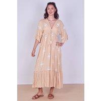 ELAINA FASHION Women's Embroidered Maxi Dress with Tassel Tie in Beige