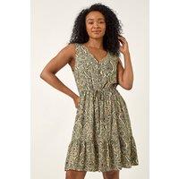 Roman Women's Petite Paisley Tie Waist Dress in Stone | Size: 18
