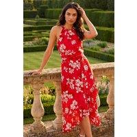 Roman Women's Floral Print Frill Wrap Midi Dress in Red | Size: 20