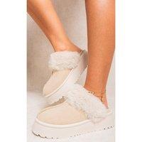 IKRUSH Women's Kelly Faux Fur Trim Whisp Chunky Platform Slippers in Beige | Size: 7
