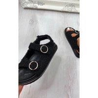 IKRUSH Women's Zahra Faux Fur Double Buckle Sliders in Black | Size: 4