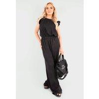 IKRUSH Women's Corah Textured Frill Sleeve Top & Wide Leg Trouser Co-ord Set in Black | Size: S/M