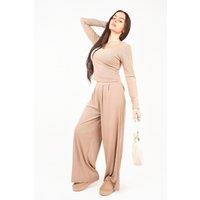 IKRUSH Women's Enaya V Neck Long Sleeve Ribbed Top & Wide Leg Trousers Co-ord Set in Stone | Size: 12