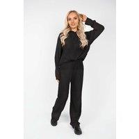 IKRUSH Women's Zayana Hooded Ribbed Oversized Top & Wide Leg Lounge Co-ord Set in Black
