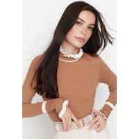 WOVCOR Women's Colour Block Rib-Knit Long Sleeve Sweater in Camel | Size: Medium