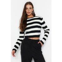 WOVCOR Women's Striped Cropped Knit Sweater in Black | Size: Medium