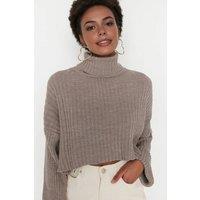 WOVCOR Women's Cropped Ribbed Turtleneck Knit Jumper in Taupe | Size: Medium