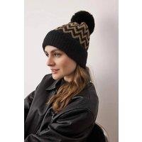 WOVCOR Women's Zig Zag Knit Pom Pom Beanie Hat in Black