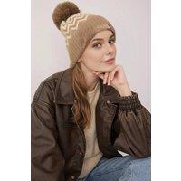 WOVCOR Women's Zig Zag Knit Pom Pom Beanie Hat in Camel