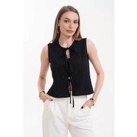 WOVCOR Women's Tie Front Ribbed Sleeveless Cropped Top in Black | Size: 6