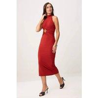 WOVCOR Women's Halterneck Draped Midi Bodycon Dress with Hardware Detail in Red | Size: Large