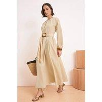 WOVCOR Women's Pleated Belted Long Sleeve Maxi Dress with Buckle & Flowing Fit in Beige | Size: 8