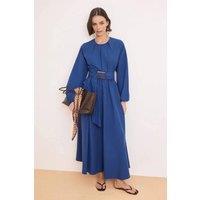 WOVCOR Women's Pleated Belted Long Sleeve Maxi Dress with Buckle & Flowing Fit in Blue | Size: 14