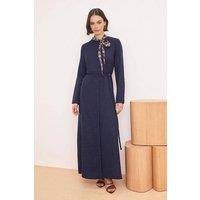 WOVCOR Women's Tie Neck Maxi Dress with Linen Look Texture in Navy | Size: 10