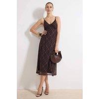 WOVCOR Women's Plaid V Neck Strappy Midi Tulle Dress with Sheer Overlay | Size: Medium