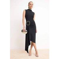 WOVCOR Women's High Neck Draped Midi Dress with Hardware Waist Detail in Black | Size: 6