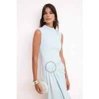 WOVCOR Women's High Neck Draped Midi Dress with Hardware Waist Detail in Duck Egg Blue | Size: 6