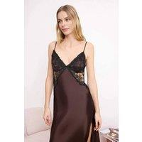WOVCOR Women's Lace Panel Satin Nightdress with Side Slit & Strappy Fit in Brown | Size: 6