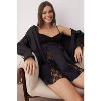 WOVCOR Women's Lace Panel Satin Strappy Nightdress with Flared Hem in Black | Size: 8