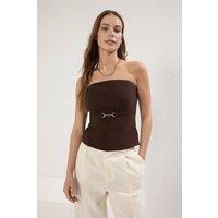 WOVCOR Women's Strapless Belt Detail Fitted Woven Blouse with Buckle Accent in Brown | Size: 4
