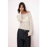 WOVCOR Women's Bardot Neck Lace Detail Fitted Knit Blouse with Long Sleeves in Ecru | Size: XS