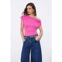 WOVCOR Women's Asymmetric Neck Gathered Detail Soft Knit Blouse with Cap Sleeve in Fuchsia | Size: Small