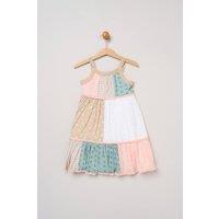 Miss Girl's Patchwork Dress with Lace Straps & Pom Pom Trim in Medium Beige | Size: 3 Years