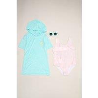 Miss Girl's Lemon & Stripe Printed Swimsuit with Poncho & Sunglasses in Mint | Size: 5 Years