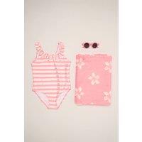 Miss Girl's Stripe Swimsuit with Flower Towel & Sunglasses in Pink | Size: 4 Years