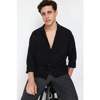 WOVCOR Men's Relaxed Fit Textured Button-Up Shirt with Open Collar in Black | Size: Large